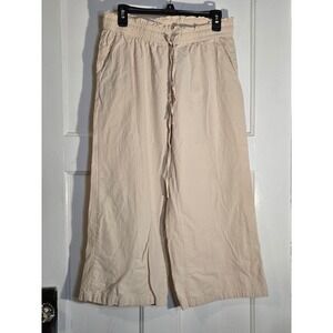 Linen Cotton Blend Wide Leg Paperbag Waist Pants Cream Tan Large